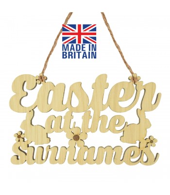 Laser Cut Oak Veneer Personalised 'Easter At The...' Sign with Easter Rabbits and Flowers - 200mm Size